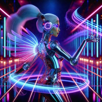 The primary subject of the image is a woman with blonde hair, wearing a futuristic outfit and headphones. She is standing in a room with a purple glow, which creates a unique and visually striking atmosphere. The setting appears to be a futuristic environment, possibly a club or a concert venue. The visual style of the image is digital art, as it is a computer-generated or digitally rendered scene. The dominant colors in the image are purple and blue, which contribute to the fut